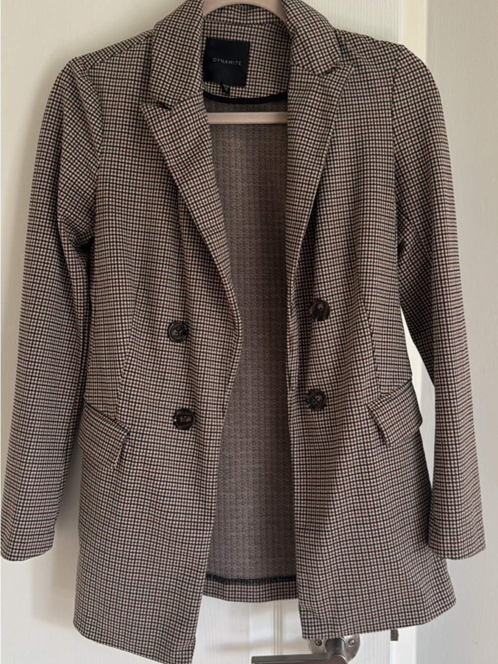 Dynamite Brown and Black Small-Check Double-Breasted Blazer